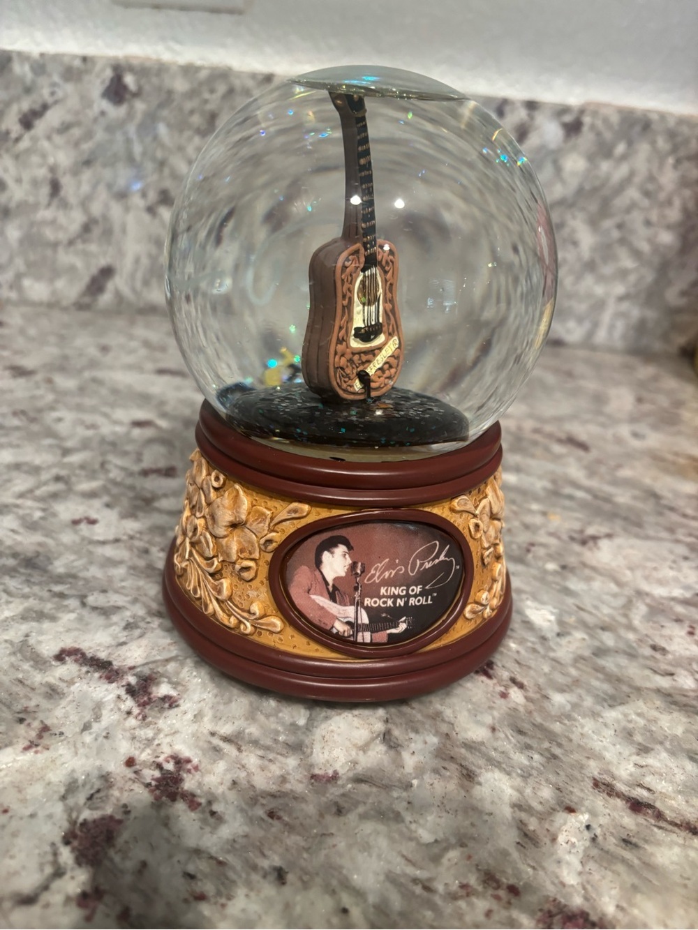 Elvis Presley Gold-Accented Brown Guitar Snow Globe